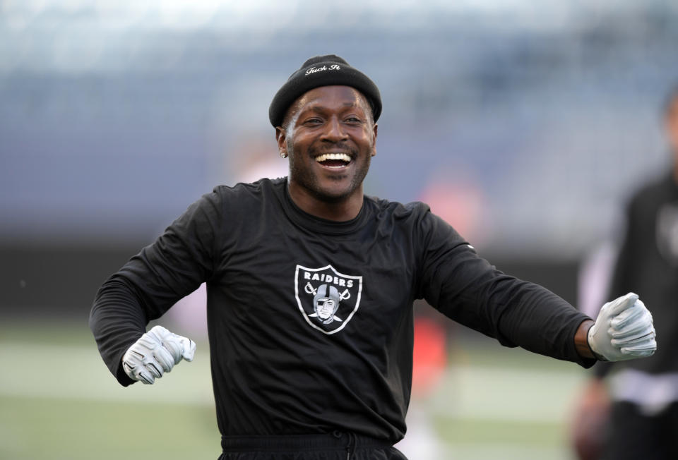 Aug 22, 2019; Winnipeg, Manitoba, CAN; (Editors Note: Explicit Language in Image) Oakland Raiders wide receiver Antonio Brown reacts before the game against the Green Bay Packers at Investors Group Field. Mandatory Credit: Kirby Lee-USA TODAY Sports