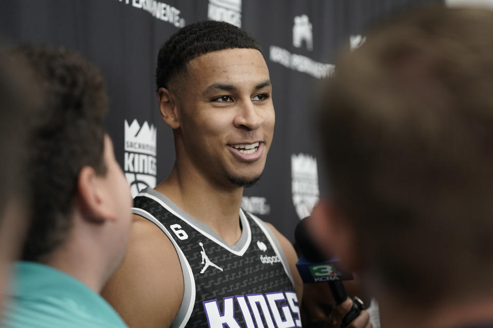 Sacramento Kings rookie forward Keegan Murray talks to reporters during the NBA basketball team's Media Day in Sacramento, Calif., Monday, Sept. 26, 2022. (AP Photo/Rich Pedroncelli)