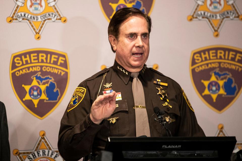 Oakland County Sheriff Michael Bouchard, shown here in November 2021 at his office in Pontiac, issued a warning recently about migrants from "south of the border" posing a criminal threat to metro Detroit's homeowners.