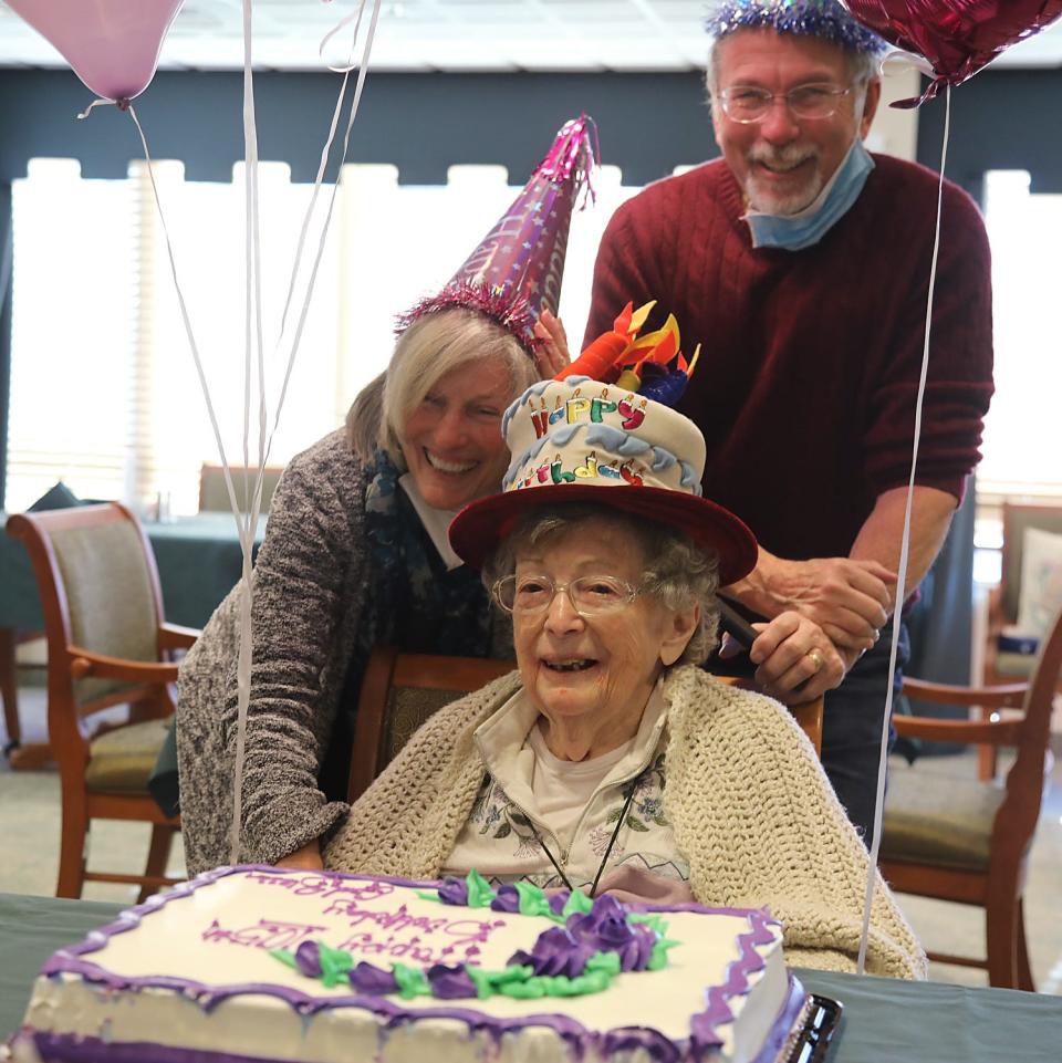 Kathy Bitterman, 76, of Flanders, and her brother Jim McClane, 71, of Hamburg with their mother Anne McClane on her 105th birthday. Family, friends and employees were at the United Methodist Communities at Bristol Glen where they celebrated the 105th birthday for Anne McClane on November 18, 2021. Anne McClane lived for 50 years in Hawthorne, NJ.