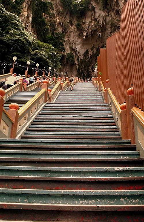 <strong>Batu Caves, Malaysia</strong> Just outside of Kuala Lumpur, these 272 steps lead up to Temple Cave, a Hindu holy site. Aside from the challenge of the steps themselves, you will have to battle greedy macaque monkeys who will harass you for food if you are carrying any (better not to feed them).