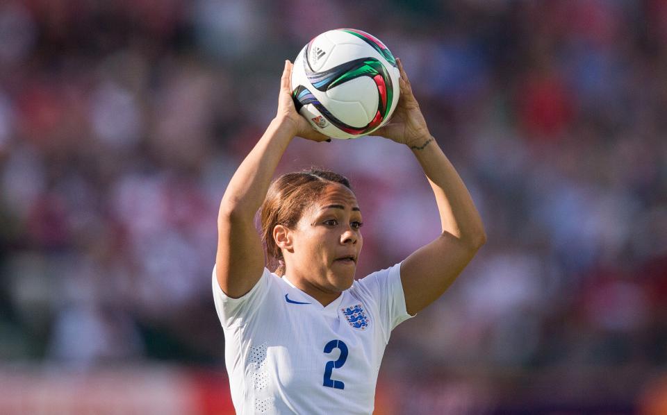 England's Alex Scott  prepares for a throw during their semi-final match against Japan in the FIFA Women's World Cup at Commonwealth Stadium in Edmonton, Canada on July 1, 2015.  A late own-goal by England defender Laura Bassett put defending champions Japan into the final of the Women's World Cup with a 2-1 win.    AFP PHOTO / GEOFF ROBINS        (Photo credit should read GEOFF ROBINS/AFP/Getty Images)