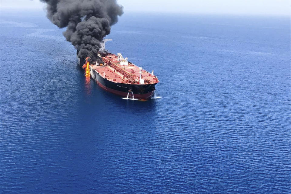 The Front Altair, a Norwegian-flagged oil tanker, burns June 13, 2019.  The Trump administration has strongly claimed Iran was behind the attack.