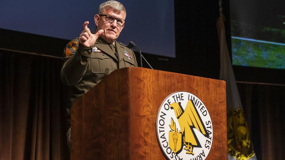 Gen. James Rainey, Commanding General, Army Futures Command, serves as the keynote speaker Mar. 29, 2023 at the AUSA Global Force Symposium, speaking on transforming the Army for war-winning future readiness. (Joseph Kumzak/Army)