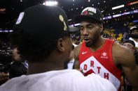 OAKLAND, CALIFORNIA - JUNE 13: Kawhi Leonard #2 of the Toronto Raptors celebrates his teams win victory over the Golden State Warriors in Game Six to win the 2019 NBA Finals at ORACLE Arena on June 13, 2019 in Oakland, California. NOTE TO USER: User expressly acknowledges and agrees that, by downloading and or using this photograph, User is consenting to the terms and conditions of the Getty Images License Agreement. (Photo by Ezra Shaw/Getty Images)
