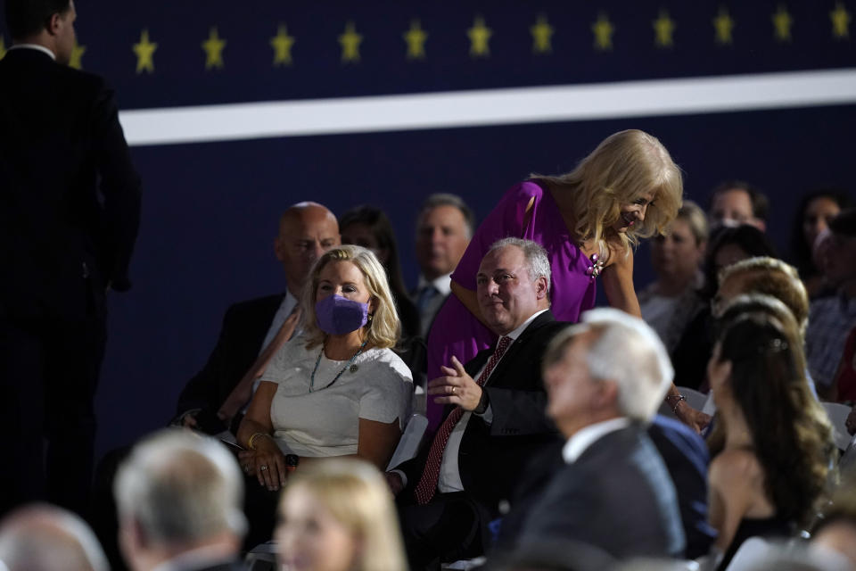 White House counselor Kellyanne Conway takes her seat on the South Lawn of the White House on the fourth day of the Republican National Convention, Thursday, Aug. 27, 2020, in Washington. (AP Photo/Alex Brandon)