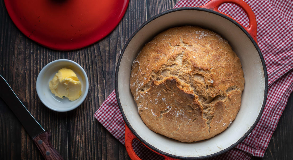  No-knead bread in a red Dutch oven. 