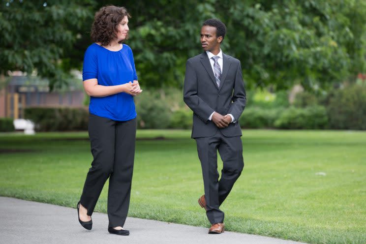 Molly Jolliff, Director of International Student Engagement, and Mustapha Ibrahim, a student at University of Rochester in Rochester, New York on Tuesday, June 27, 2017. (Photo: Mike Bradley for Yahoo News)