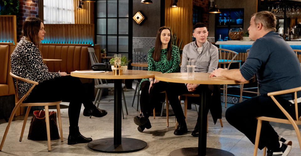 FROM ITV

STRICT EMBARGO -  No Use Before 0700hrs Tuesday 8th March 2022

Coronation Street - Ep 1059091

Friday 18th March 2022

Amy Barlow [ELLE MULVANEY] arranges lunch in the bistro with Steve McDonald [SIMON GREGSON] and Tracy McDonald [KATE FORD] but when she arrives with Jacob [JACK JAMES RYAN] in tow, their jaws hit the floor. Tracy threatens to leave but Steve points out that Amyâ€™s 18 and whether they like it or not, sheâ€™ll see who she wants. 

Picture contact - David.crook@itv.com

Photographer - Danielle Baguley

This photograph is (C) ITV Plc and can only be reproduced for editorial purposes directly in connection with the programme or event mentioned above, or ITV plc. Once made available by ITV plc Picture Desk, this photograph can be reproduced once only up until the transmission [TX] date and no reproduction fee will be charged. Any subsequent usage may incur a fee. This photograph must not be manipulated [excluding basic cropping] in a manner which alters the visual appearance of the person photographed deemed detrimental or inappropriate by ITV plc Picture Desk. This photograph must not be syndicated to any other company, publication or website, or permanently archived, without the express written permission of ITV Picture Desk. Full Terms and conditions are available on  www.itv.com/presscentre/itvpictures/terms
