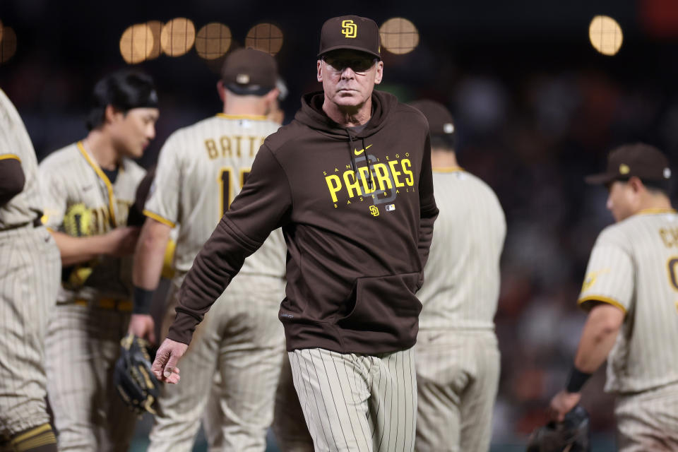 SAN FRANCISCO, CALIFORNIA - SEPTEMBER 25: San Diego Padres manager Bob Melvin walks back to the dugout after making a pitching change in the seventh inning of their game against the San Francisco Giants at Oracle Park on September 25, 2023 in San Francisco, California. (Photo by Ezra Shaw/Getty Images)