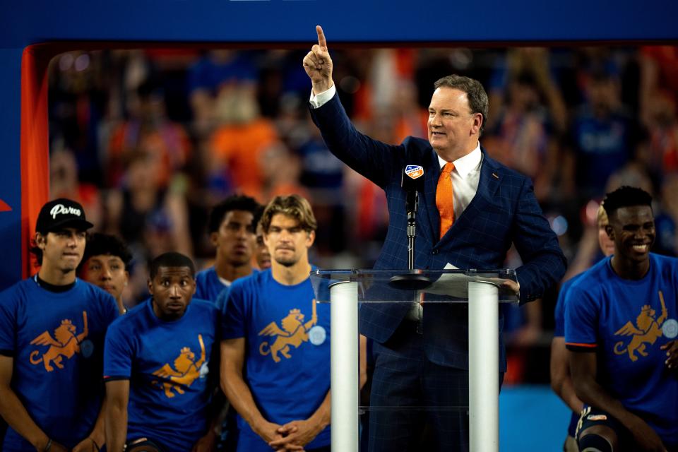 Jeff Berding, FC Cincinnati CEO, speaks during a ceremony to give FC Cincinnati the Support’s Shield last year.