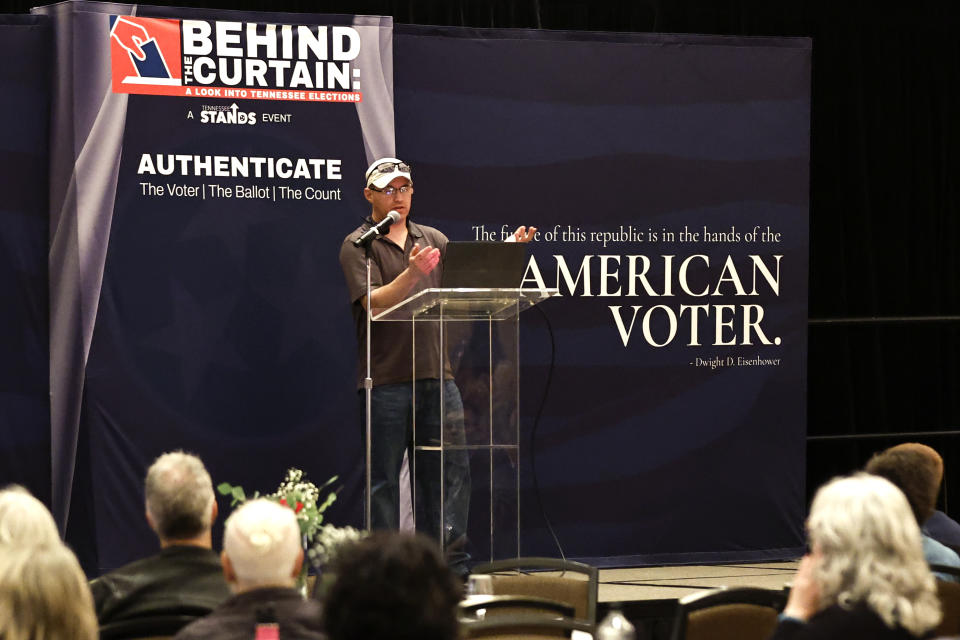 Mark Cook talks about what is an Election Ecosystem during an Election Conspiracy Forum Saturday, March 11, 2023, in Franklin, Tenn. (AP Photo/Wade Payne)