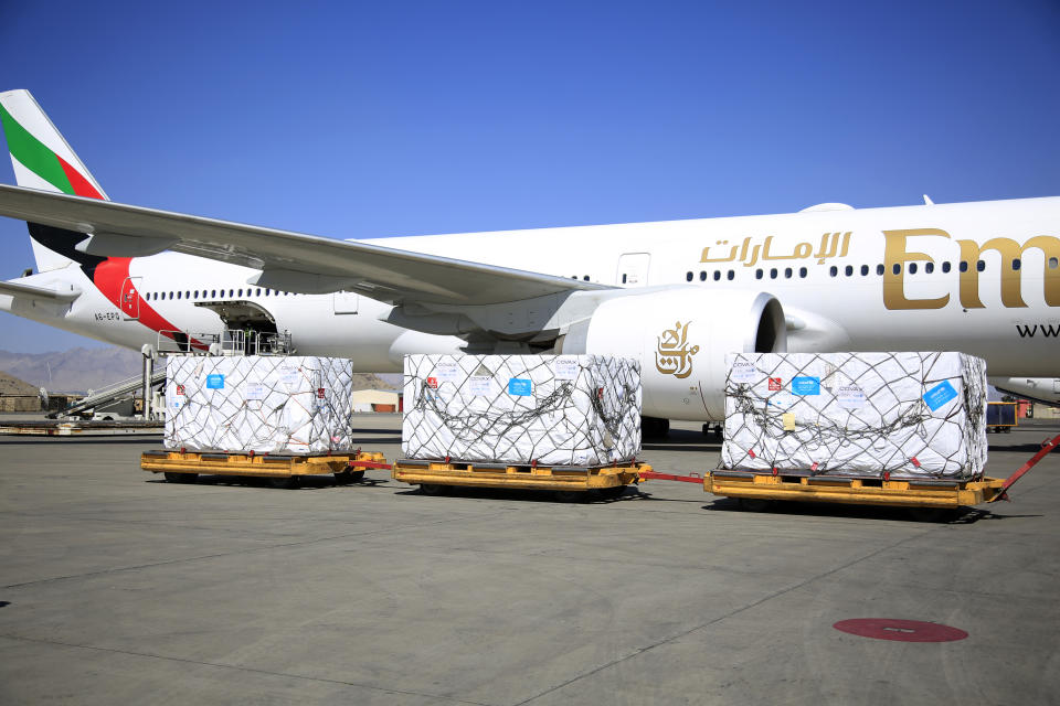 First shipment of 1.4 million Johnson & Johnson COVID-19 vaccine doses arrives at the Hamid Karzai International Airport, in Kabul, Afghanistan. Friday, July 9, 2021. The COVID-19 vaccines are donated by the United States and delivered through the U.N.-backed COVAX program. Another shipment is expected to arrive later this month, bringing the total donations to around 3.3 million doses. (AP Photo/Mariam Zuhaib)