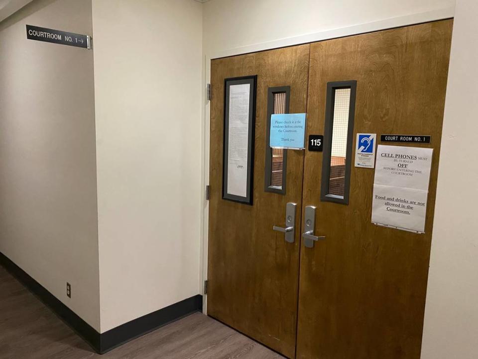 The doors to a Latah County courtroom in Moscow, Idaho, where Bryan Kohberger made his initial appearances before District Court Judge Megan Marshall.