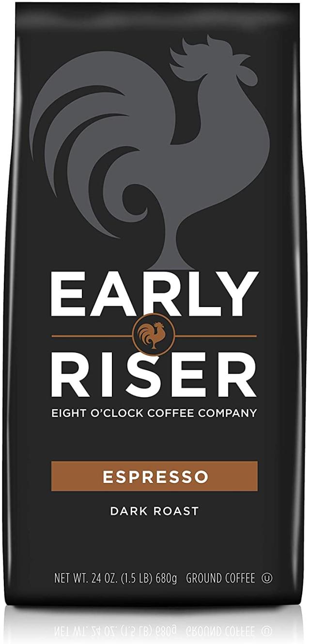 Black bag of Early Riser Espresso Ground Coffee, $18.33 for 690g, with image of rooster in silhouette. 