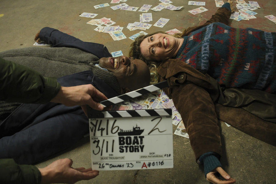 Paterson Joseph and Daisy Haggard behind the scenes of Boat Story. (BBC/Two Brothers)