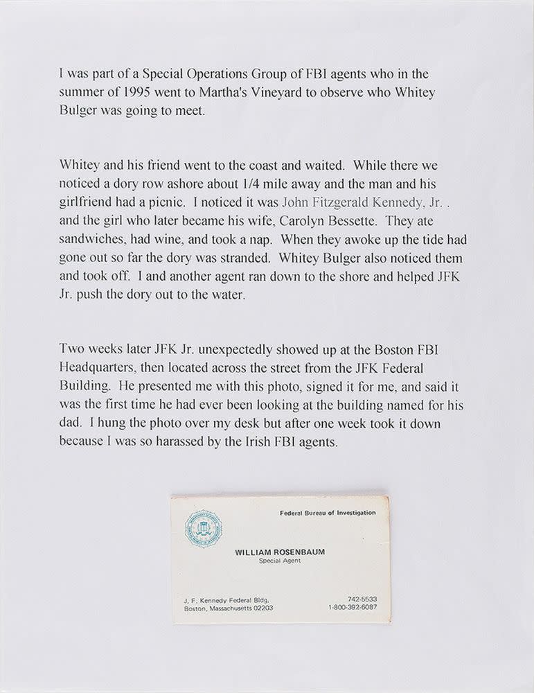 FBI special agent William Rosenbaum's letter of explanation about his run-in with John F. Kennedy Jr. | The Ronnie Paloger JFK Collection / RR Auction