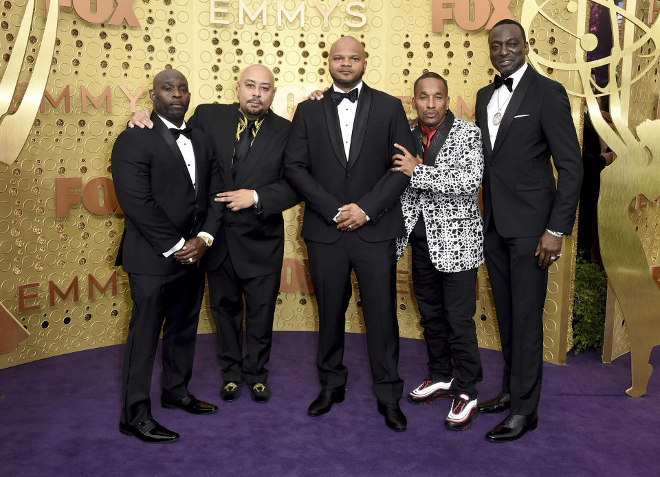 Antron McCray, from left, Raymond Santana, Kevin Richardson, Korey Wise and Yusef Salaam, of the Central Park 5, arrive at the 71st Primetime Emmy Awards on Sunday, Sept. 22, 2019, at the Microsoft Theater in Los Angeles. (Photo by Jordan Strauss/Invision/AP)
