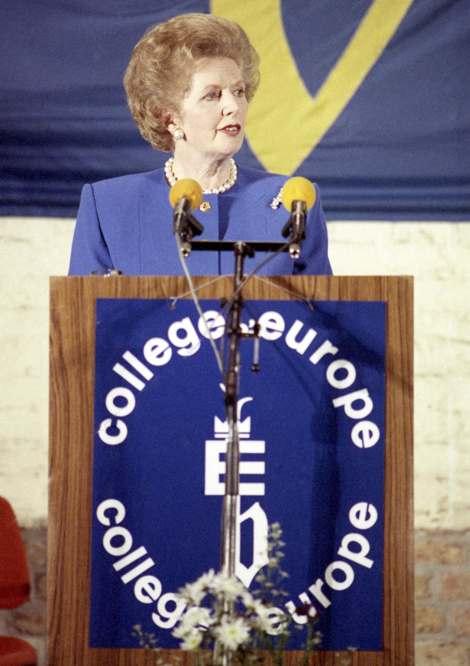 FILE - In this Sept. 20, 1988 file photo, British Prime Minister Margaret Thatcher addresses the opening session of the College of Europe, in Bruges, Belgium. In the speech, Thatcher voiced her growing opposition to calls for more integration between the countries of what became known as the European Union. On Jan. 31, 2020, Britain is scheduled to leave the EU after 47 years. (AP Photo/File)