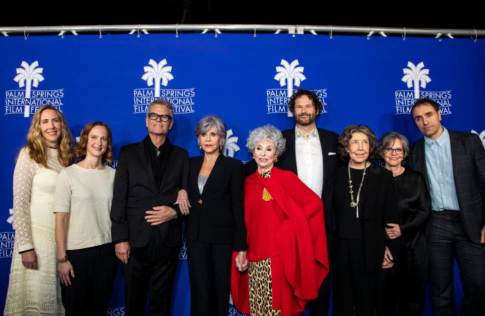 Writer Sarah Haskins (from left), writer Emily Halpern, actor Harry Hamlin, actress Jane Fonda, actress Rita Moreno, director Kyle Marvin, actress Lily Tomlin, actress Sally Field and executive producer Mike Covino on the red carpet before the world premiere for "80 For Brady" during the Palm Springs International Film Festival in Palm Springs, Calif., Friday, Jan. 6, 2023.