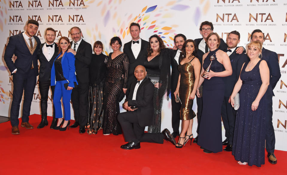 LONDON, ENGLAND - JANUARY 28: Cast members including Jurell Carter, Matthew Wolfenden, Natalie J. Robb, Jonny McPherson, Bhasker Patel, Lisa Riley, Rebecca Sarker, Mark Charnock, Danny Miller and Jonathan Wrather, accepting the Serial Drama award for "Emmerdale", pose in the winners room at the National Television Awards 2020 at The O2 Arena on January 28, 2020 in London, England. (Photo by David M. Benett/Dave Benett/Getty Images)