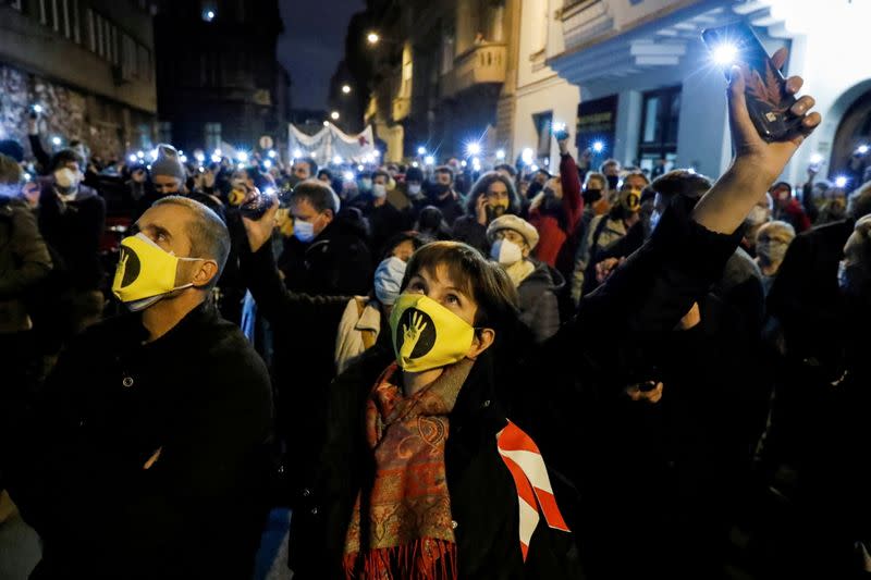 FILE PHOTO: Supporters gather in front of the University of Theatre and Film Arts, in Budapest