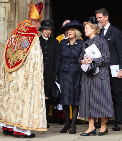 <p>CHRIS JACKSON/POOL/AFP via Getty Images</p> Princess Anne, Queen Camilla, Greece's former Queen Anne-Marie and Greece's Crown Prince Pavlos leave after attending a thanksgiving service for the life of King Constantine of the Hellenes at St George's Chapel at Windsor Castle on Feb. 27, 2024