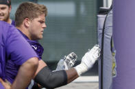 Minnesota Vikings tackle Brian O'Neill works a drill during NFL football training camp Friday, July 30, 2021, in Eagan, Minn. (AP Photo/Bruce Kluckhohn)