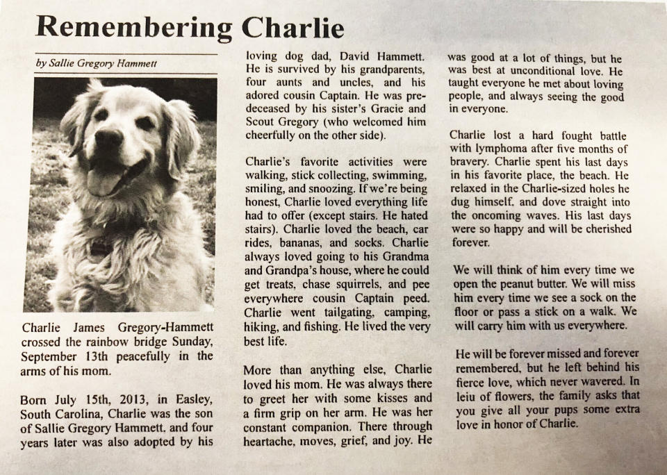 Charlie's obituary. (Photo: Sallie Gregory-Hammett)