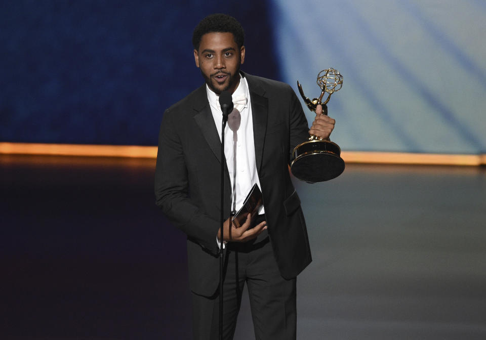 Jharrel Jerome accepts the award for outstanding lead actor in a limited series or movie for "When They See Us" at the 71st Primetime Emmy Awards on Sunday, Sept. 22, 2019, at the Microsoft Theater in Los Angeles. (Photo by Chris Pizzello/Invision/AP)