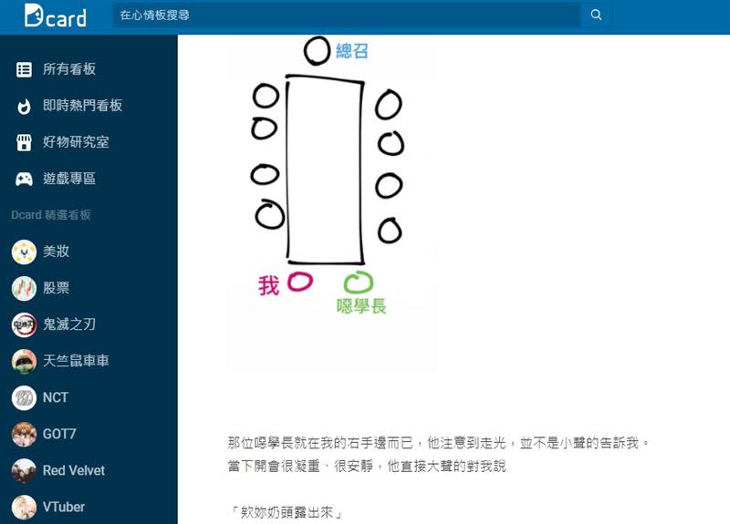 原PO沒發現自己走光，被學長訕笑「欸！妳奶頭露出來」。（圖／翻攝自 Dcard）