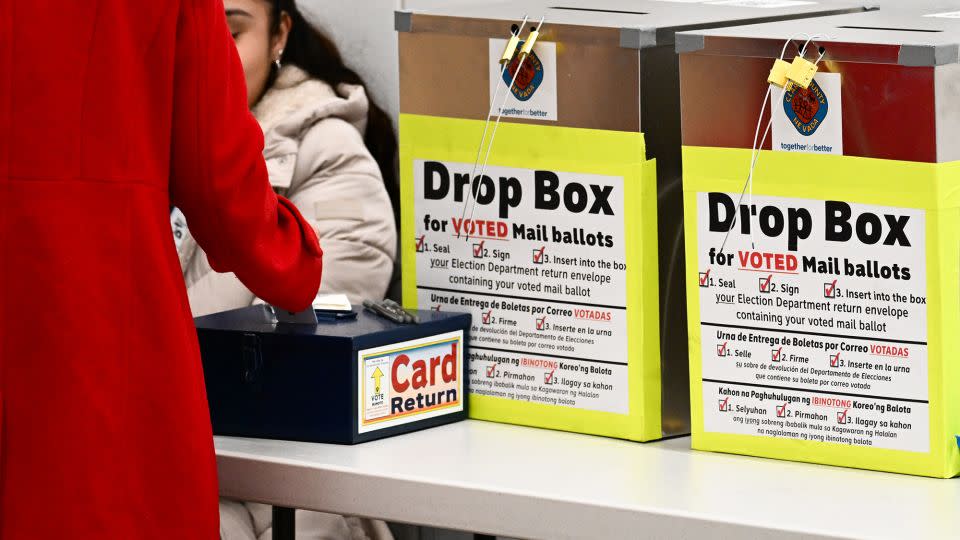 A pair of ballot drop boxes are displayed at a voter center in Las Vegas during the Nevada presidential primary on February 6, 2024. - Patrick T. Fallon/AFP/Getty Images