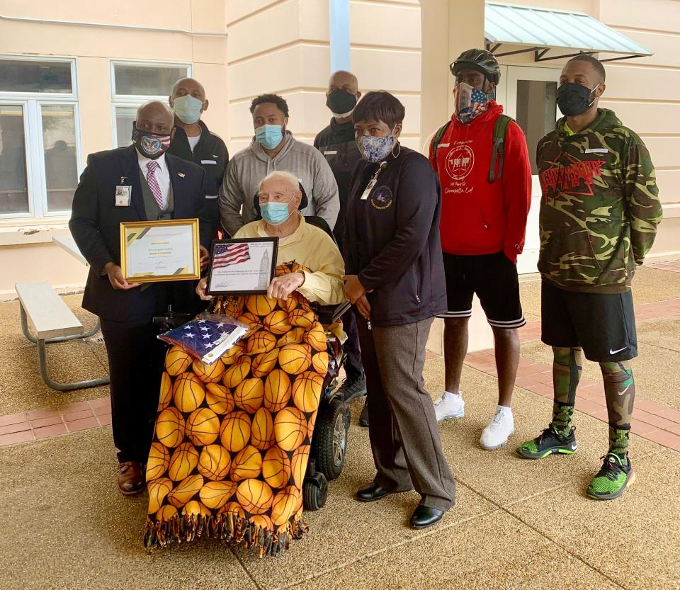 A group of veterans from Cheneyville rode their bicycles 30 miles to the Alexandria VA Medical Center to present flags to the two oldest veterans at the facility one of who is Theo Franklin Ratliff, 96, an Army veteran who served World War II.