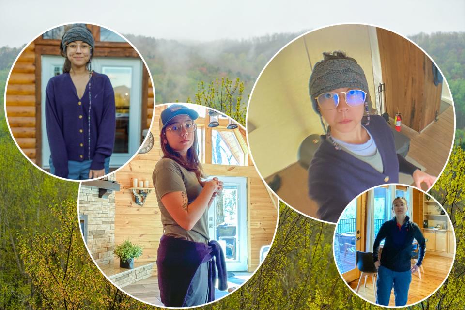 A photo of trees and mountains with four overlapping images of the author in various outfits cropped in overlapping circles.