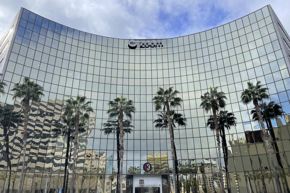 The headquarters for Zoom is shown Friday, Feb. 3, 2023, in San Jose, Calif. Zoom is asking employees who live within a 50-mile radius of its offices to work onsite two days a week. (AP Photo/Haven Daley)