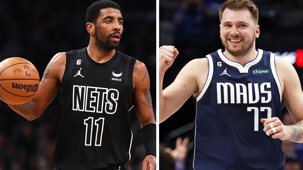 Kyrie Irving dribbles the ball on the left, with Luka Doncic pumping his fist on the right.