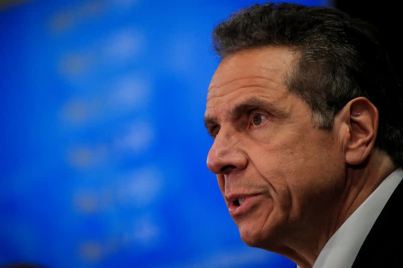 New York Governor Andrew Cuomo speaks at a daily briefing at North Shore University Hospital, during the outbreak of the coronavirus disease (COVID-19) in Manhasset, New York