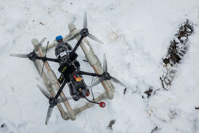 An FPV drone is seen at a training location of the "Achilles" Attack Drone Battalion, in Donetsk region