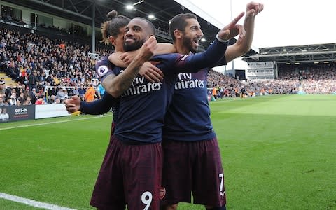 Alex Lacazette celebrates scoring the 2nd Arsenal goal with (L) Hector Bellerin and (R) Henrikh Mkhitaryan - Credit: STUART MACFARLANE/ARSENAL FC
