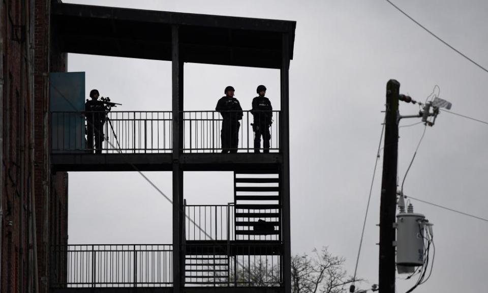 Police officers from throughout middle Tennessee prepare for a White Lives Matter rally in Shelbyville, Tennessee, on 28 October.