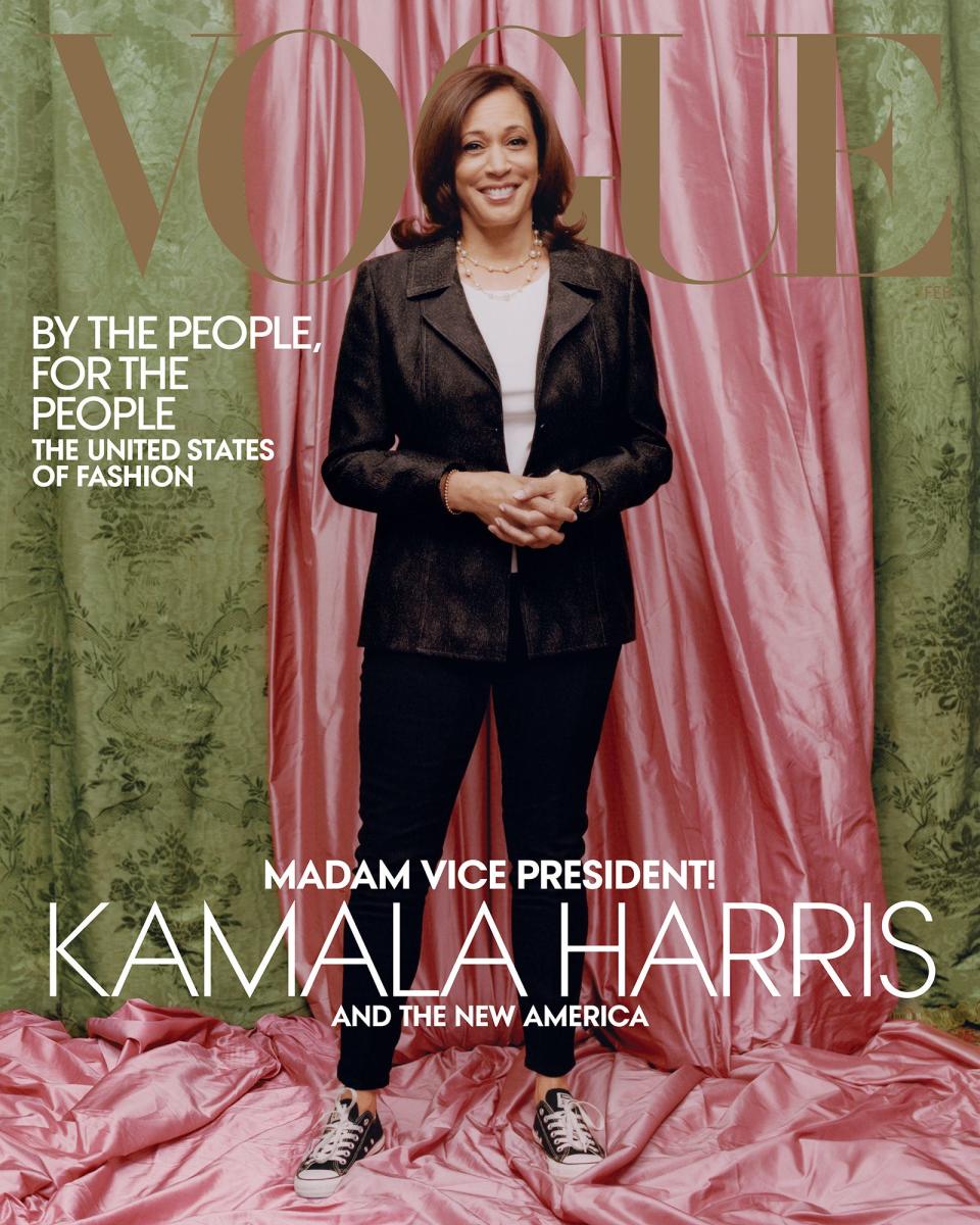 The February "Vogue" cover depicts Vice President-elect Kamala Harris in pearls and Converse Chuck Taylors.