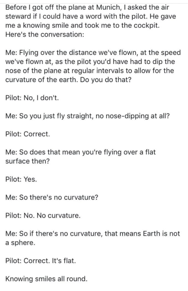 Person claims to have had a conversation with a pilot who confirmed that they just flew straight, "no nose-dipping at all" to allow for the curvature of the Earth