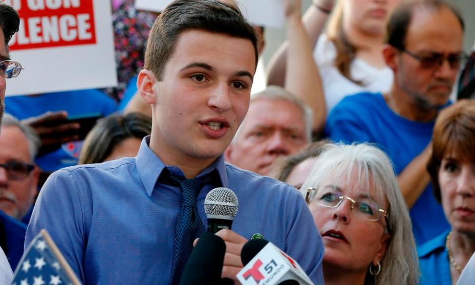 Cameron Kasky spoke on Saturday at a rally for gun control at the Broward County Federal Courthouse in Fort Lauderdale, Florida.