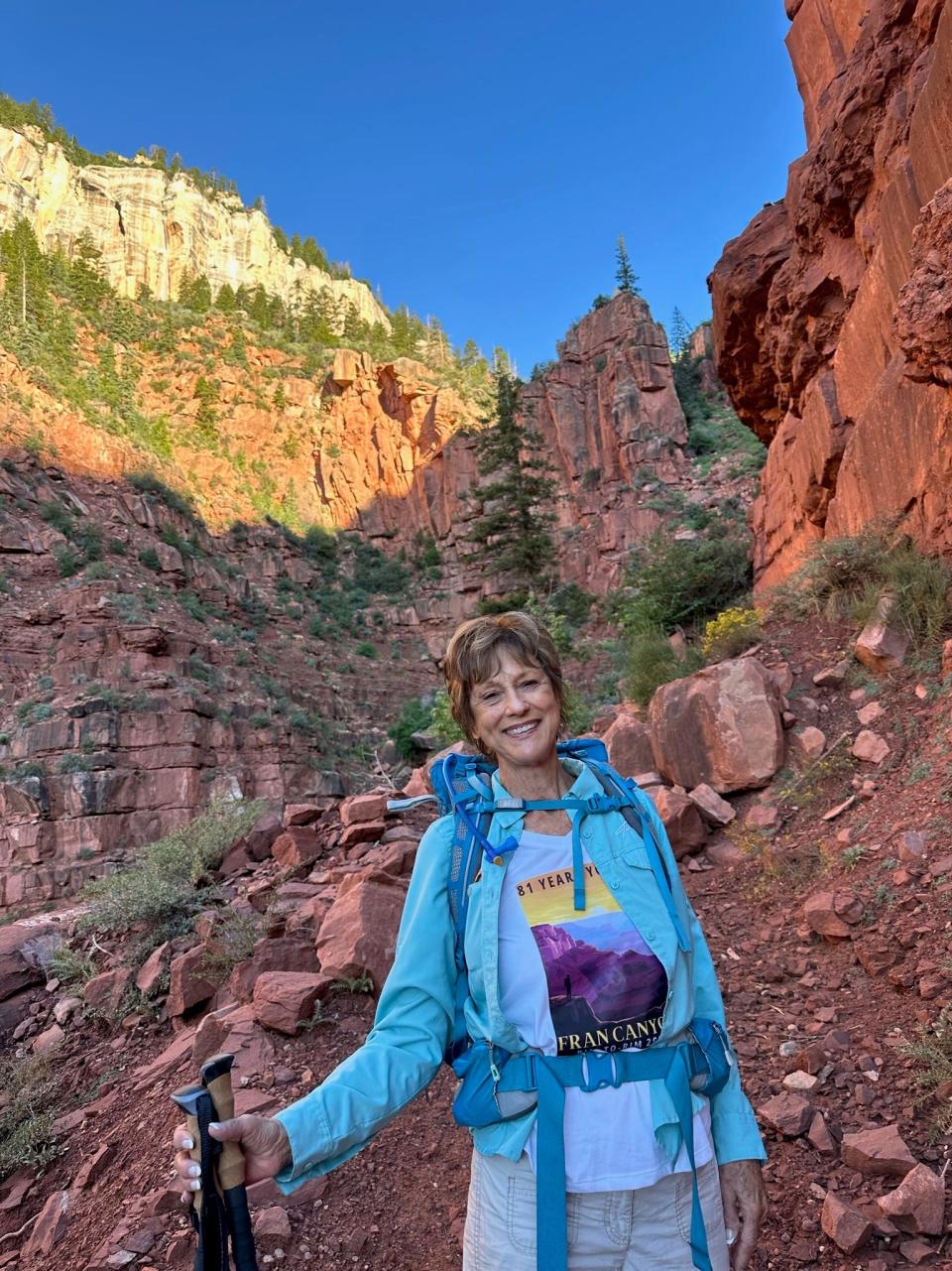 Fran Anderson smiles during a 24-mile rim-to-rim hike in the Grand Canyon on Sept. 3, 2023. The 81-year-old finished the feat in 21 hours, about seven hours longer than she had hoped.