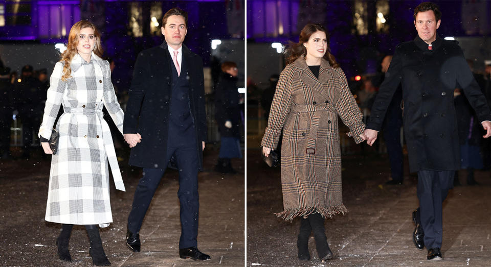 Princess Beatrice and Princess Eugenie showed their support at the Christmas service at Westminster Abbey. (Getty Images)