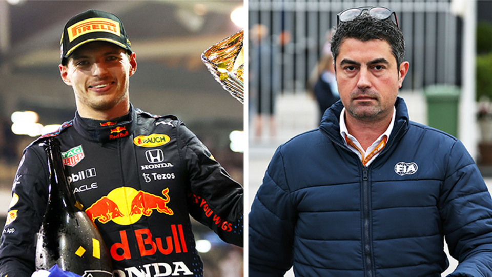 Former F1 race director Michael Masi (pictured right) walking and (pictured left) Max Verstappen celebrating the 2021 title.