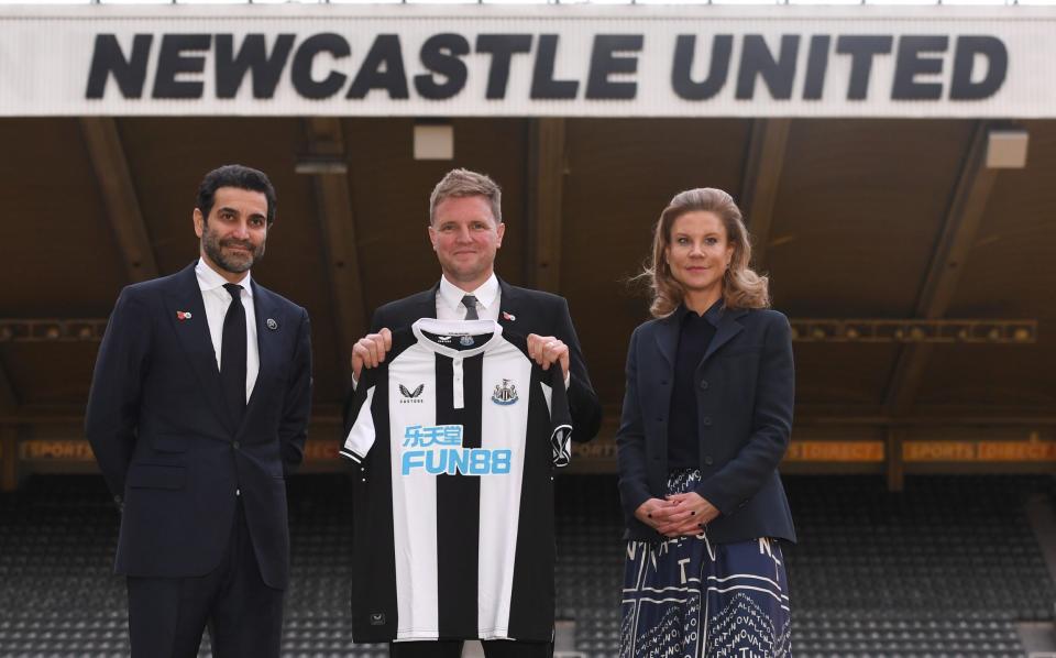 New Newcastle Head Coach Eddie Howe (c) pictured at his unveiling press conference with Directors Amanda Staveley and Mehrdad Ghodoussi at St. James Park on November 10, 2021 in Newcastle upon Tyne, England. - GETTY IMAGES