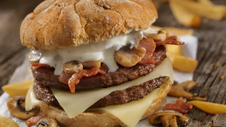 burger with mushrooms and gravy