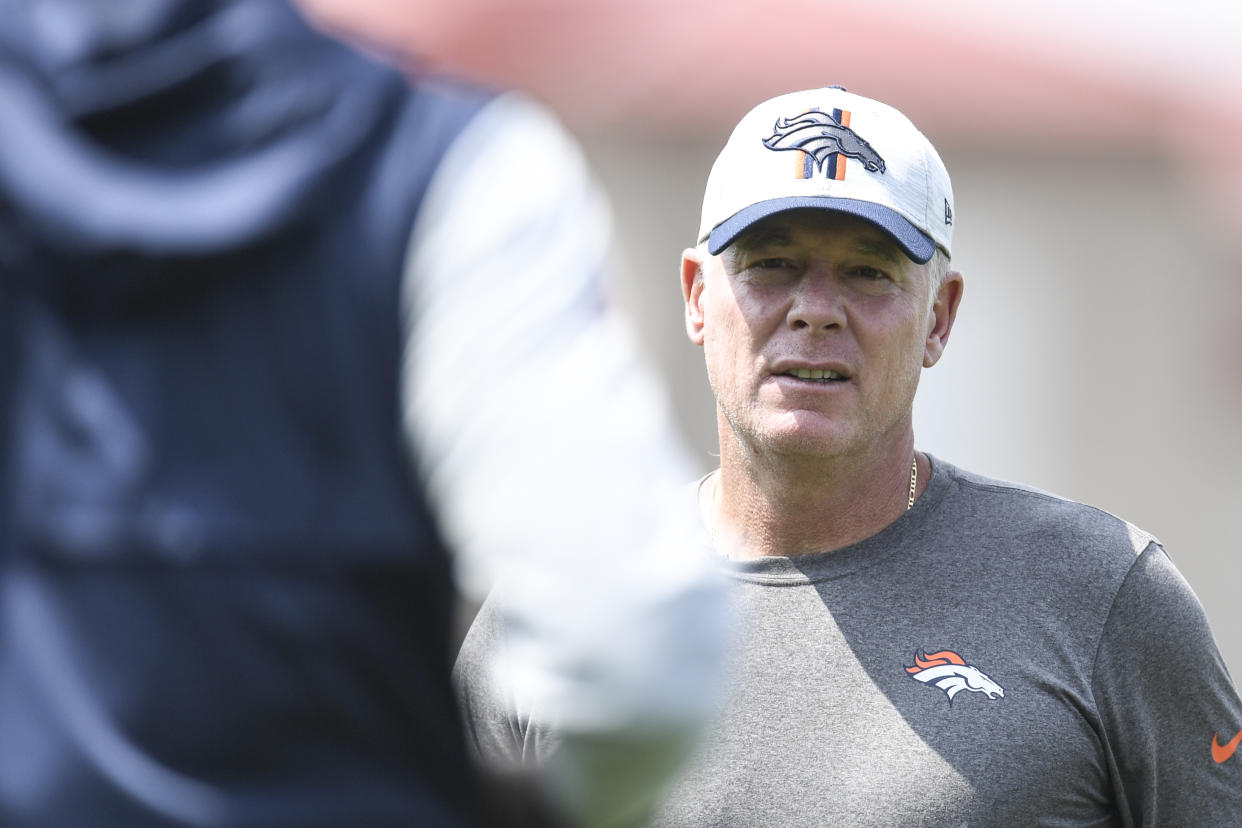 ENGLEWOOD , CO - AUGUST 3: Denver Broncos offensive coordinator Pat Shurmur speaks during training camp on Tuesday, August 3, 2021. (Photo by AAron Ontiveroz/MediaNews Group/The Denver Post via Getty Images)