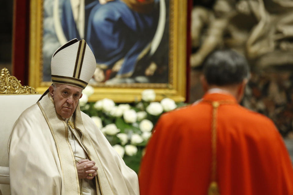 Pope Francis attends a consistory ceremony where 13 bishops were elevated to a cardinal's rank in St. Peter’s Basilica at the Vatican, Saturday, Nov. 28, 2020. (Fabio Frustaci/POOL via AP)